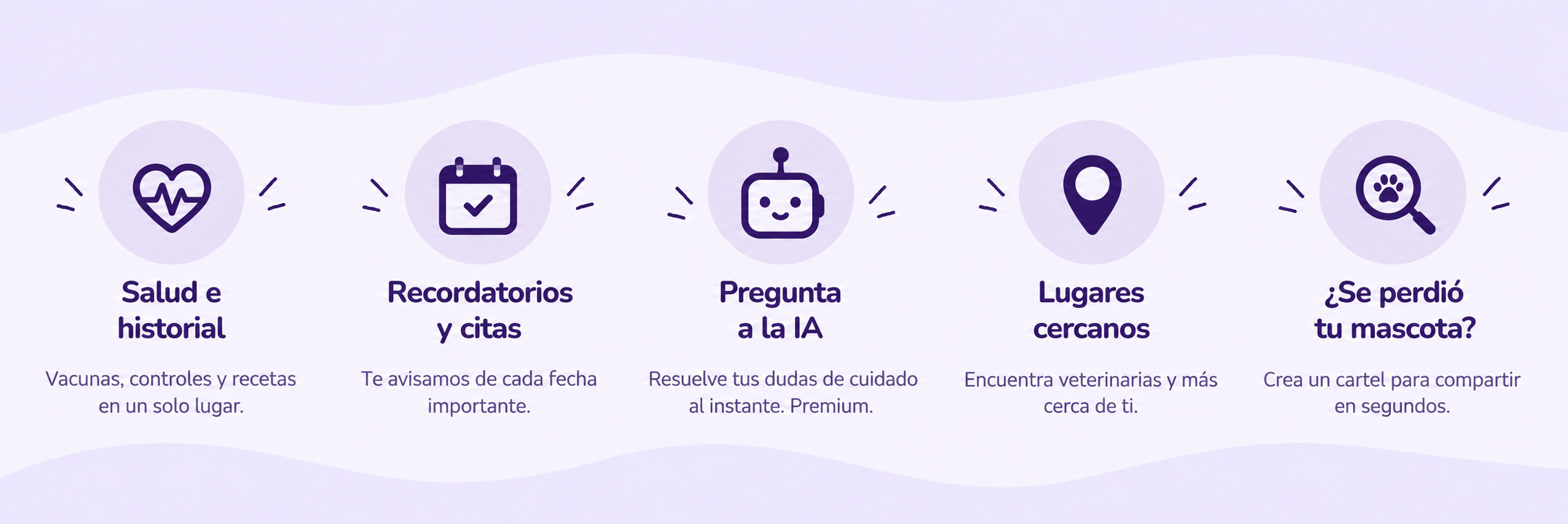 Salud e historial, recordatorios y citas, pregunta a la IA, lugares cercanos y qué hacer si se pierde tu mascota